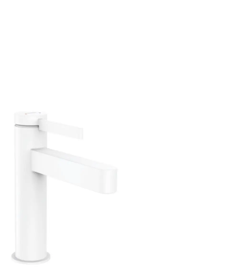 Weißer Einhebel-Waschtischmischer von Hansgrohe mit flacher Auslaufarmatur und einem Hebel zur Temperatur- und Mengenregulation. Minimalistisches Design.